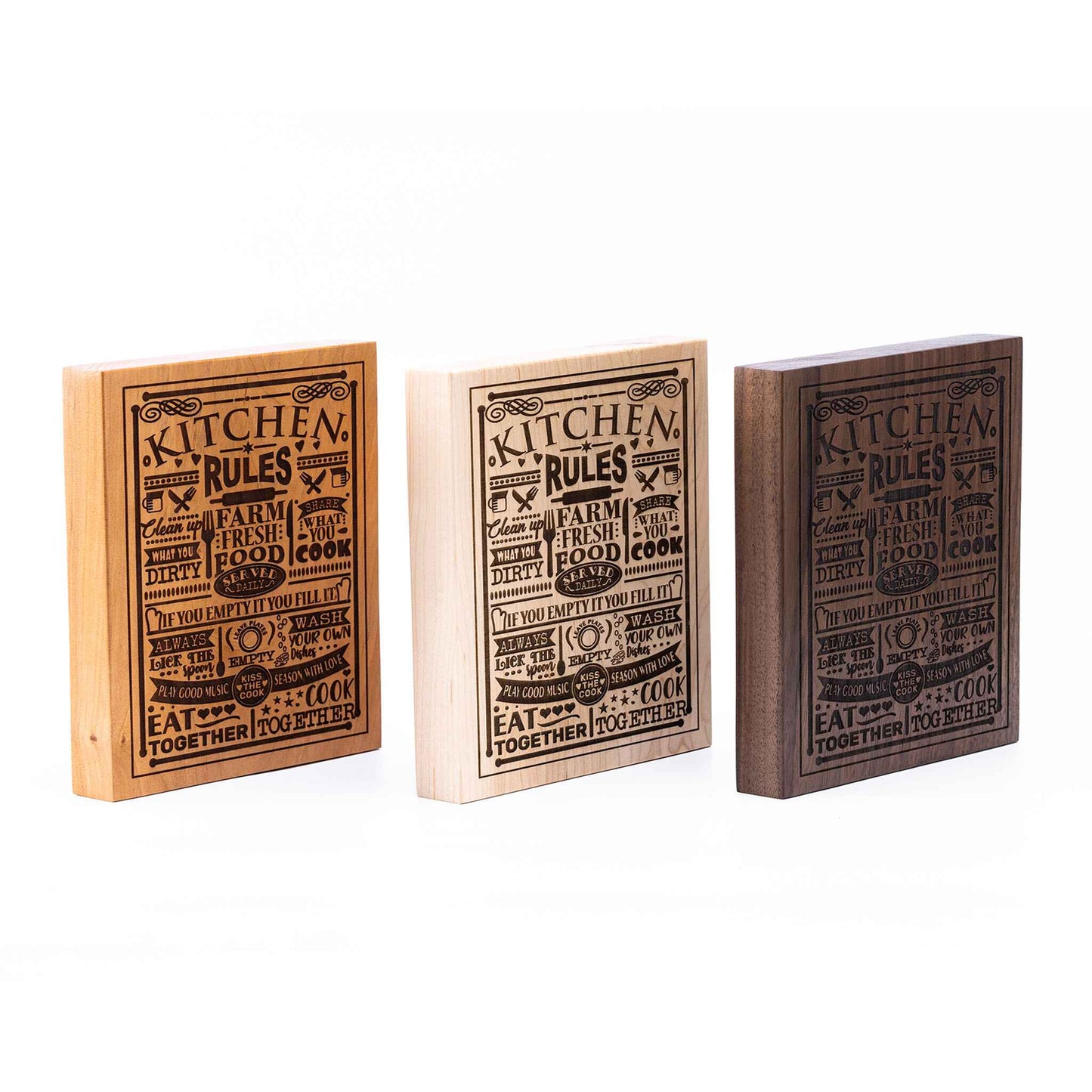 Kitchen Rules Plaque showing all three woods - Cherry, Maple, Walnut