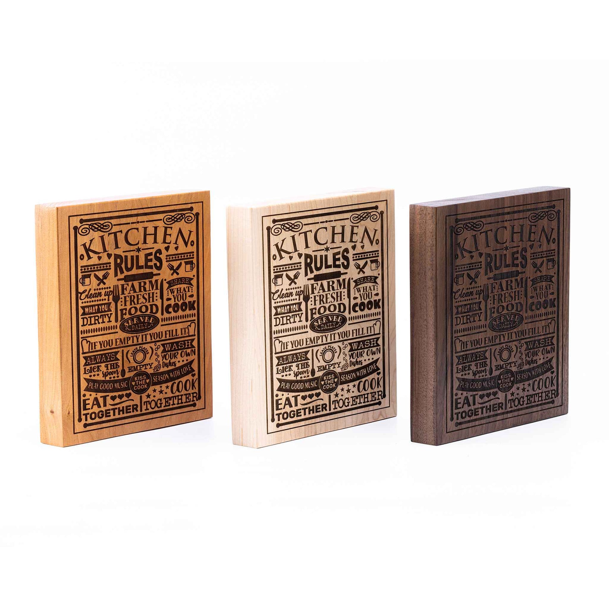 Kitchen Rules Plaque showing all three woods - Cherry, Maple, Walnut