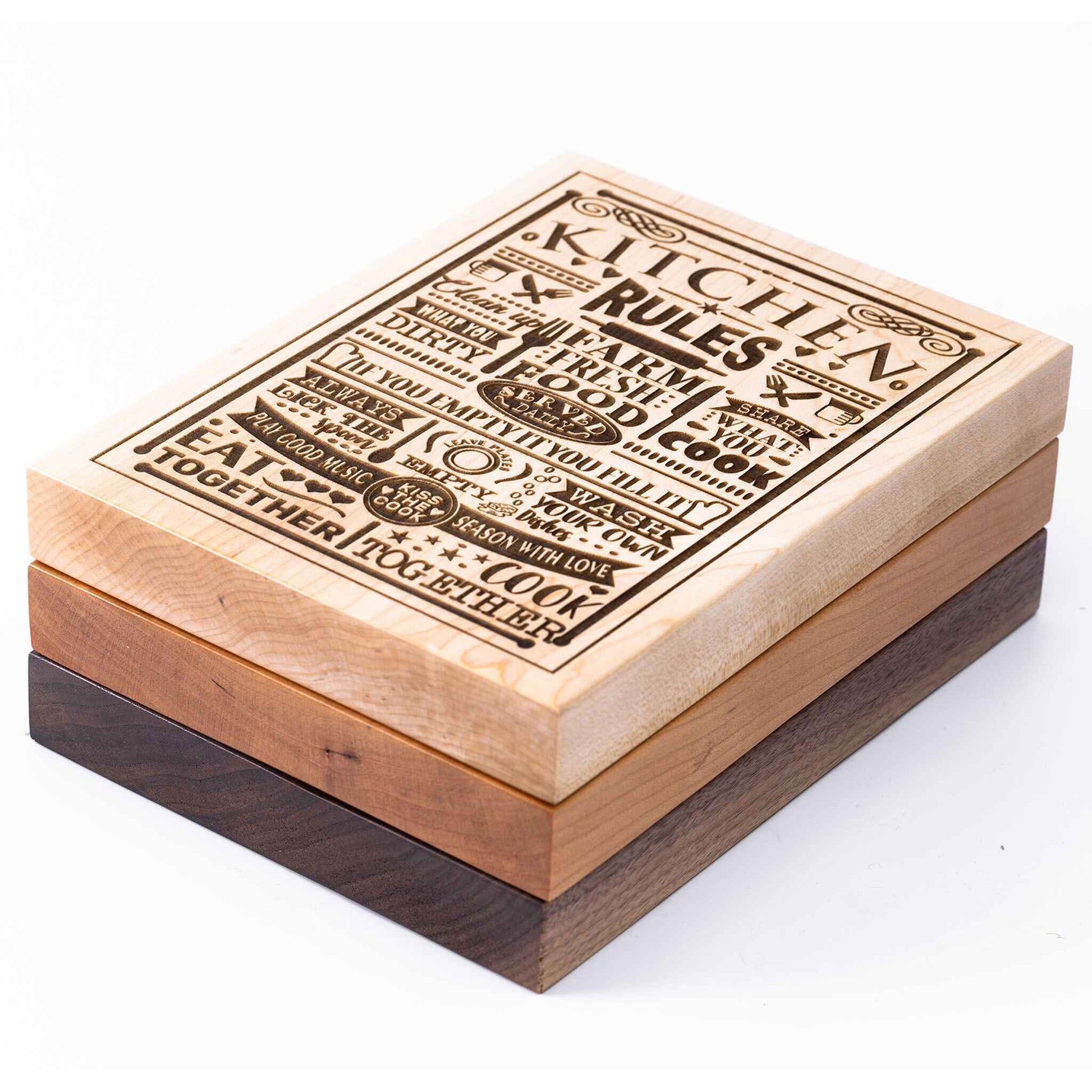 Kitchen Rules Plaque showing all three woods - Cherry, Maple, Walnut
