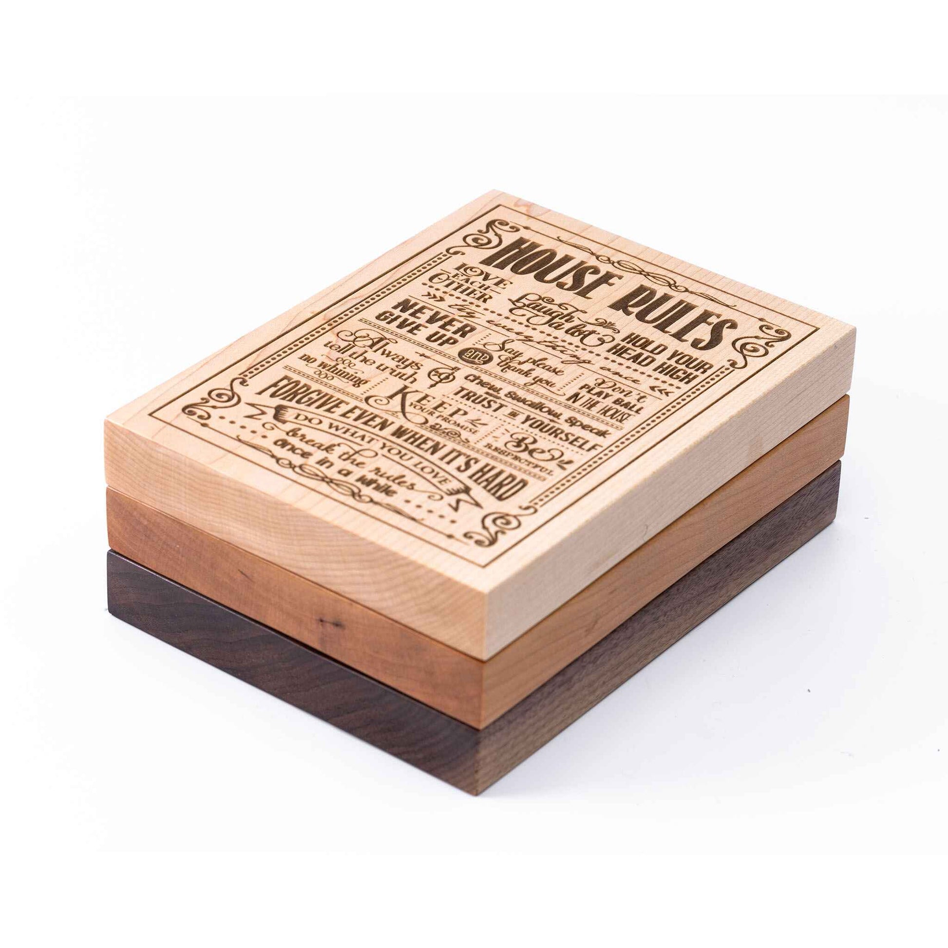House Rules Plaque showing all three woods - Cherry, Maple, Walnut