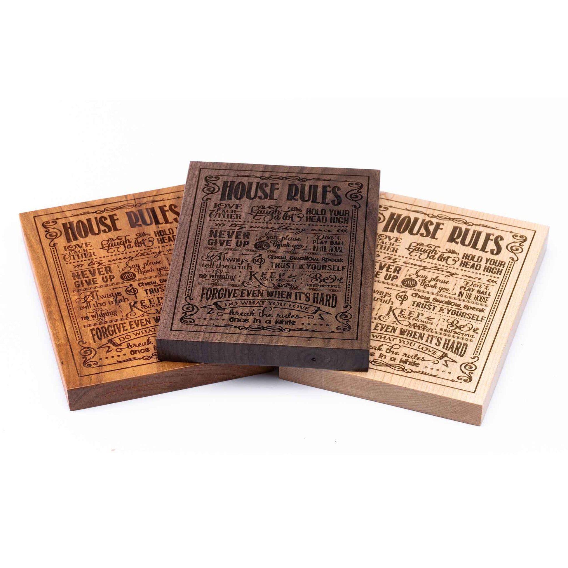 House Rules Plaque showing all three woods - Cherry, Maple, Walnut