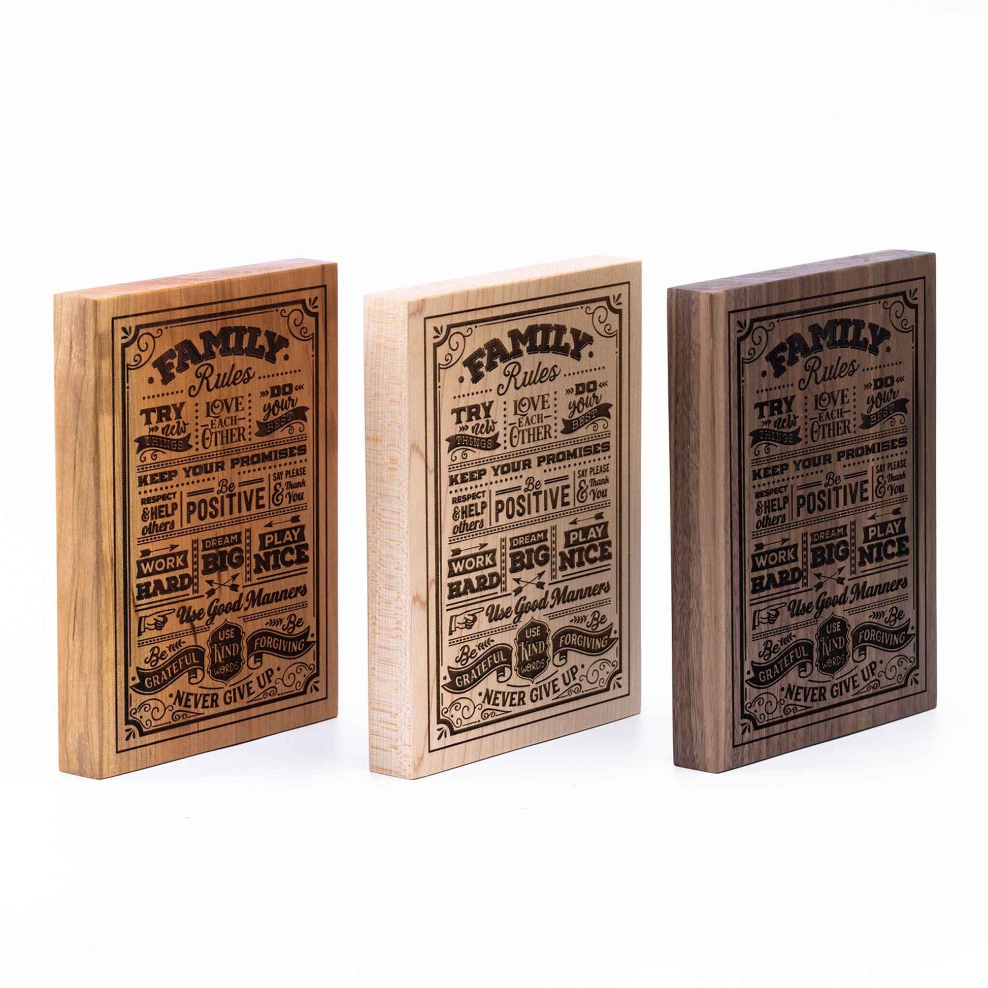 Family Rules Plaque showing all three woods - Cherry, Maple, Walnut