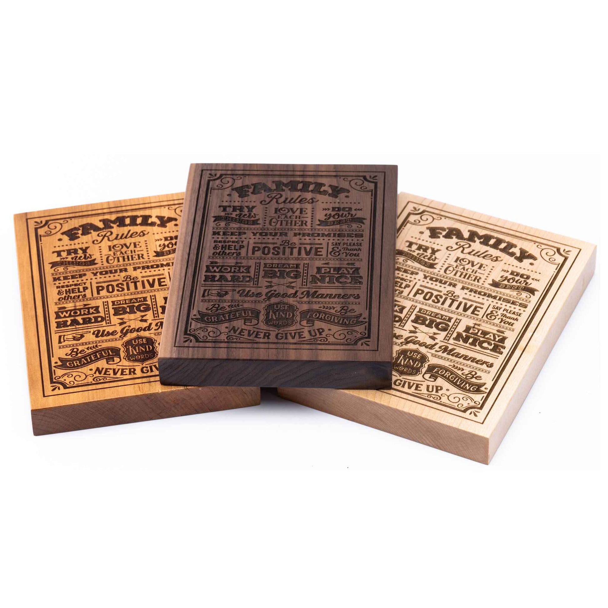 Family Rules Plaque showing all three woods - Cherry, Maple, Walnut