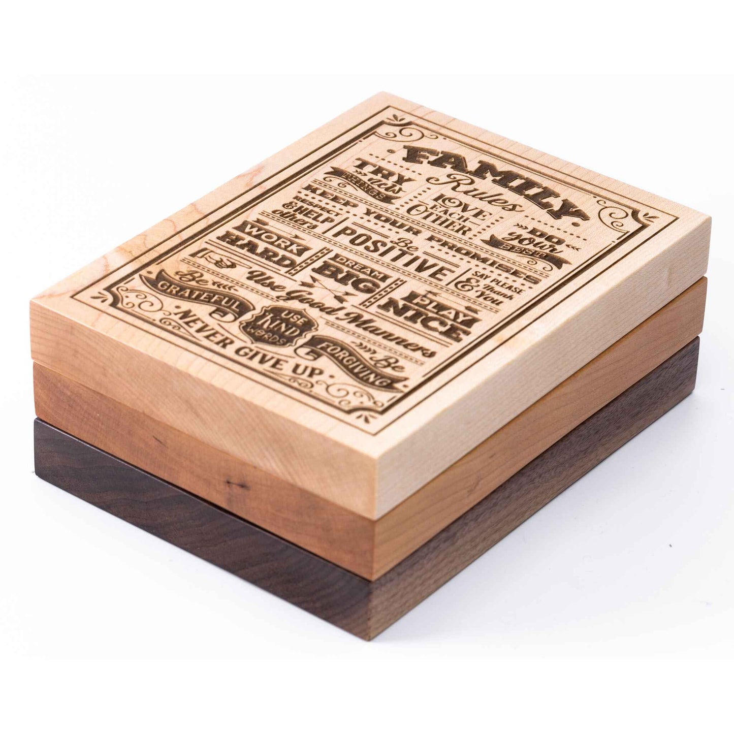 Family Rules Plaque showing all three woods - Cherry, Maple, Walnut