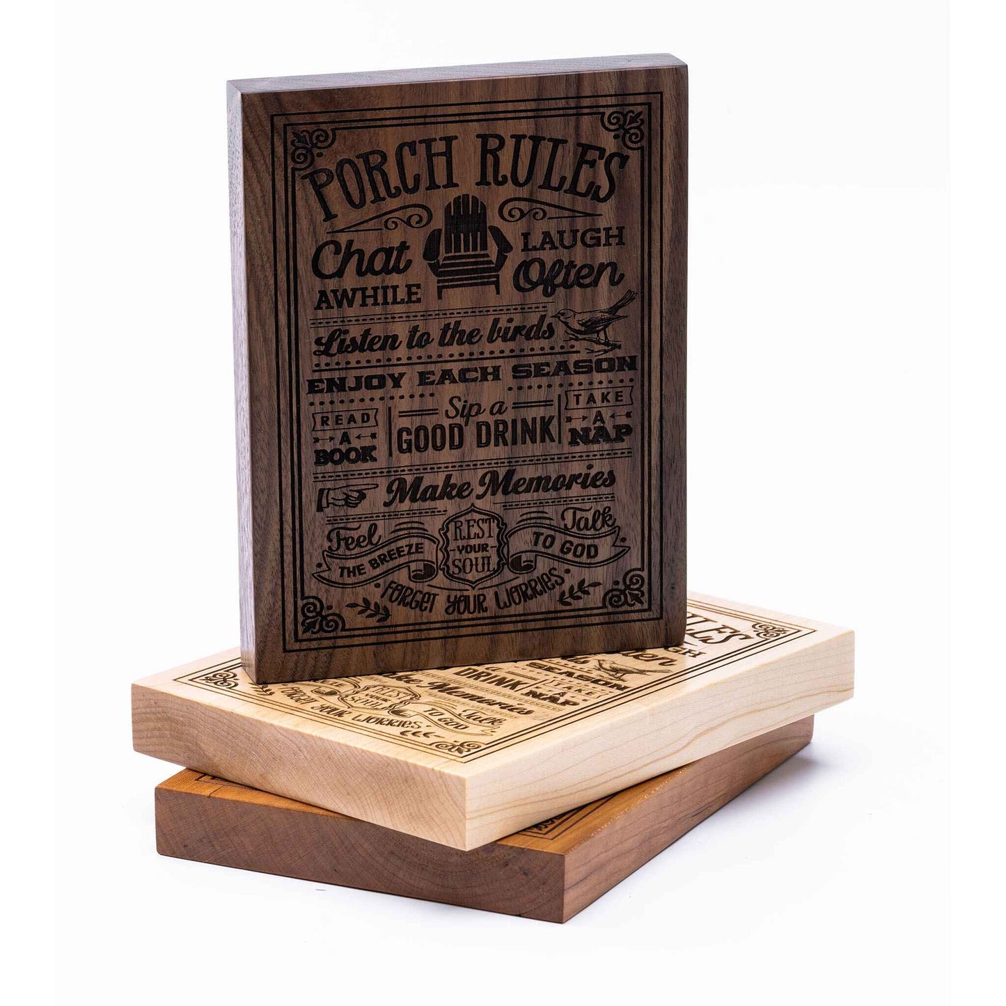Porch Rules Plaque showing all three woods - Cherry, Maple, Walnut