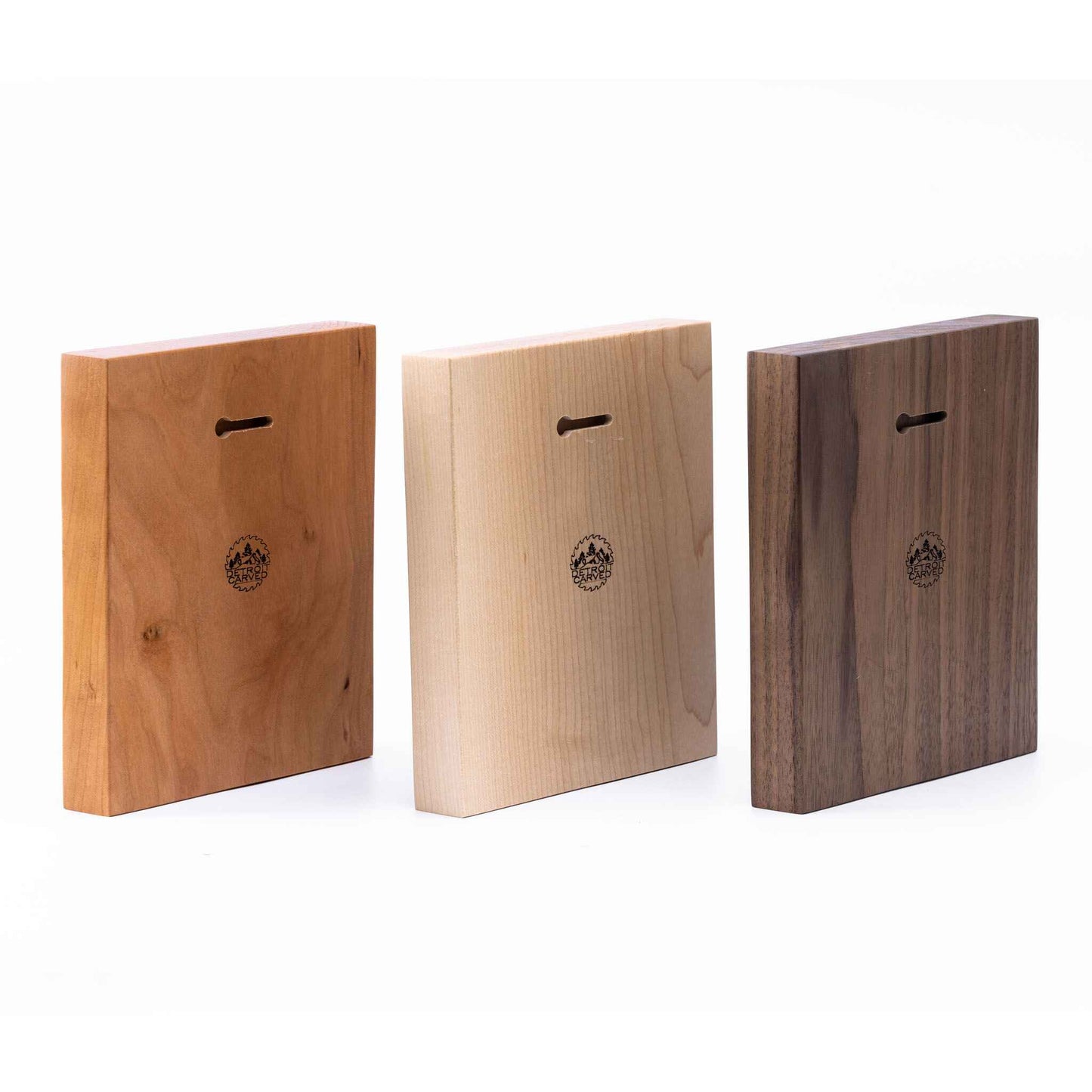 Back of three plaques in Cherry, Maple, Walnut