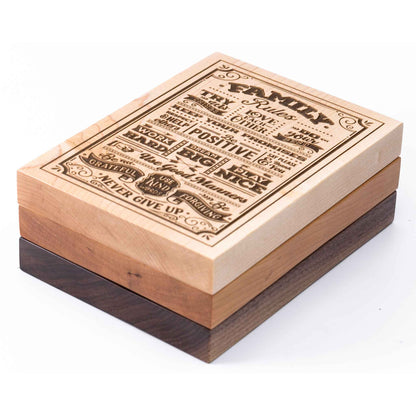 Family Rules Plaque showing all three woods - Cherry, Maple, Walnut