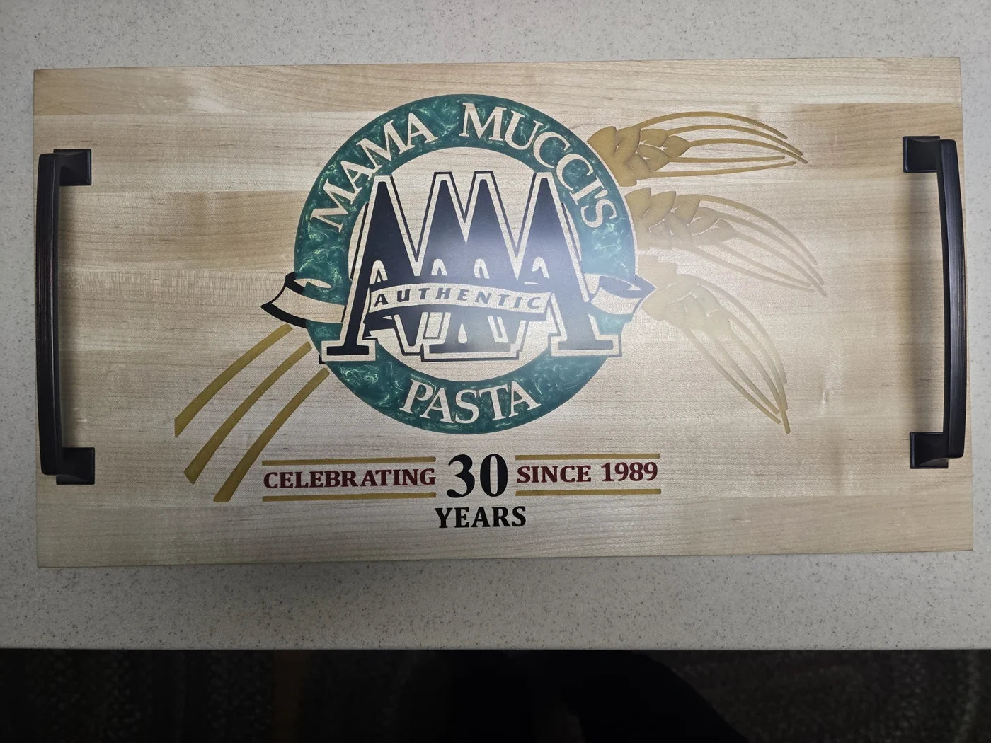 Thirty-year anniversary tray engraved for Mama Mucci's Pasta