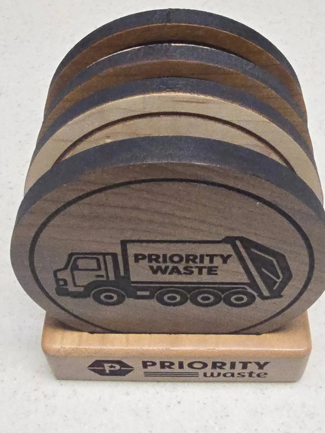 Coaster set and holder engraved for Priority Waste