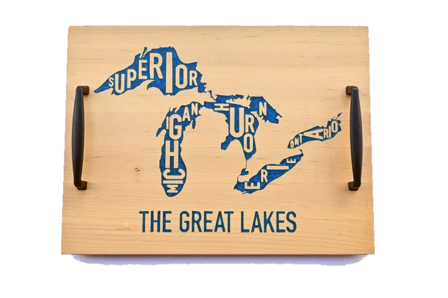 A Great Lakes charcuterie board in hardwood.